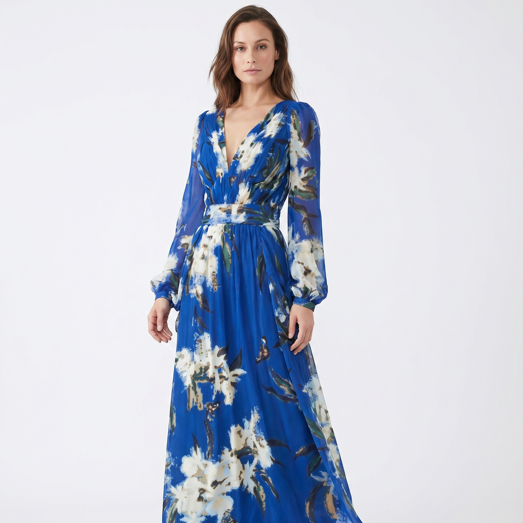 Floral Maxi Dress - Long Sleeve V Neck Boho Flowy