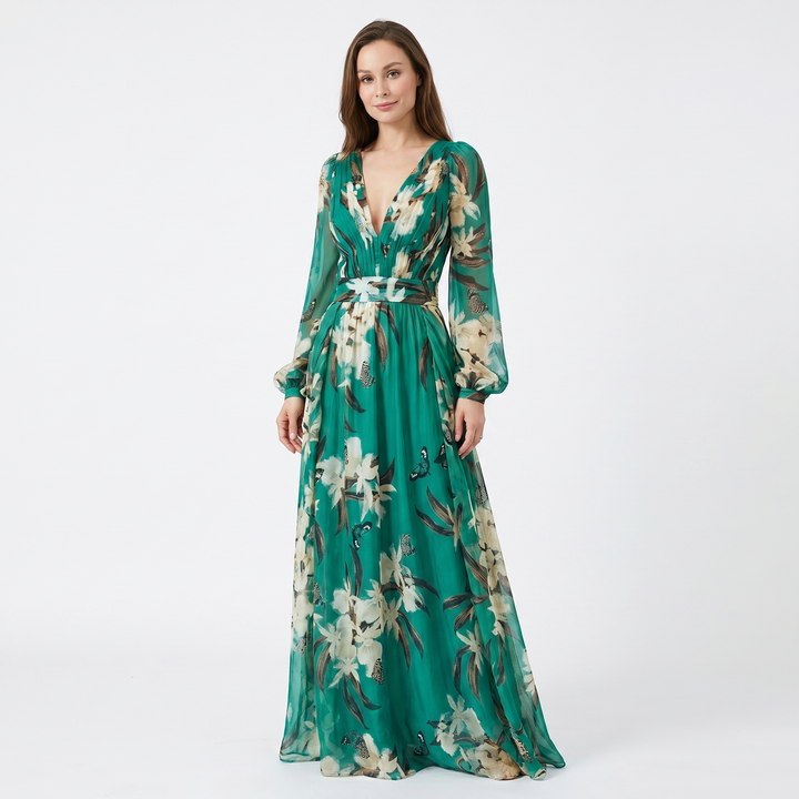 Floral Maxi Dress - Long Sleeve V Neck Boho Flowy