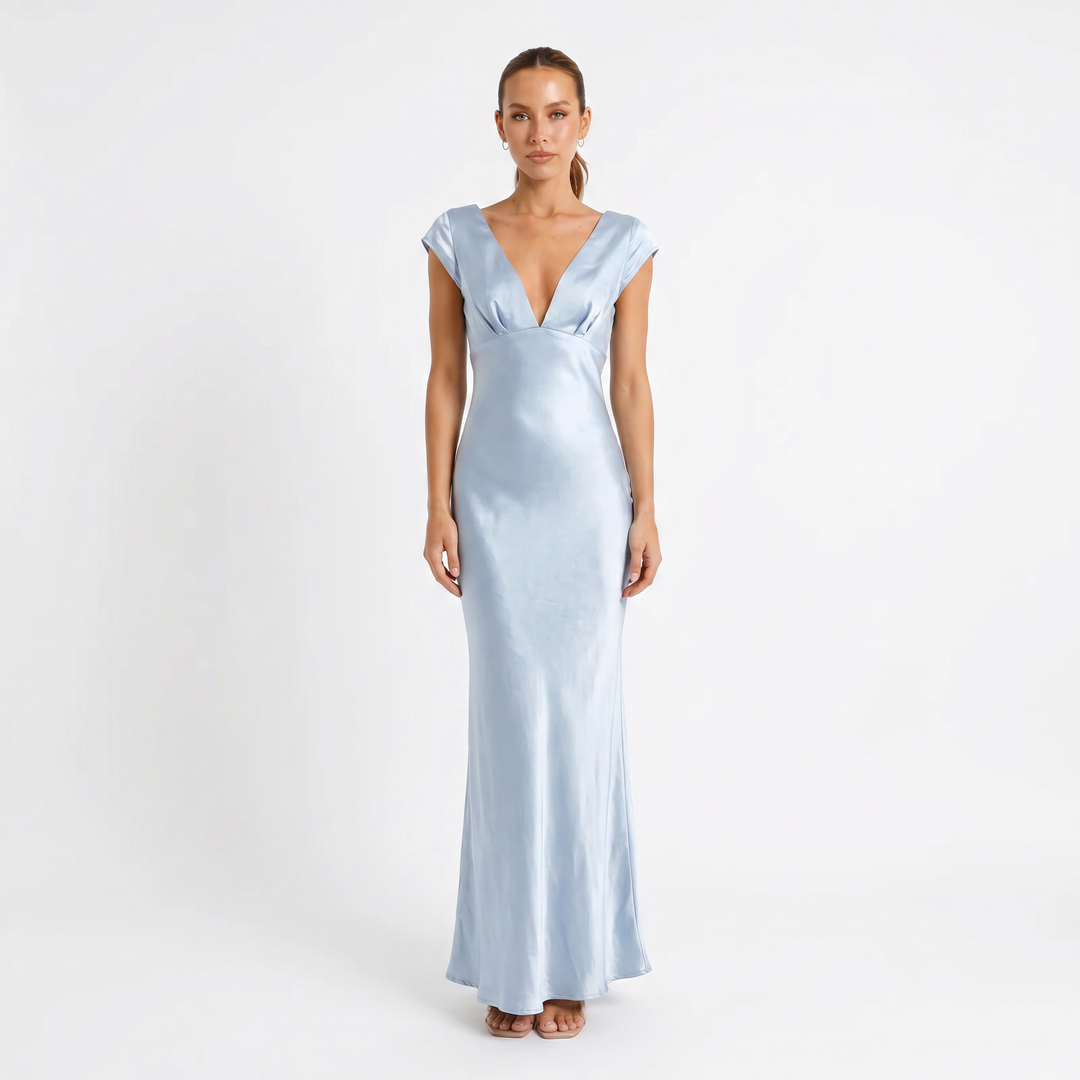 Satin Maxi Dress - Cap Sleeve Deep V Neck Bias Cut