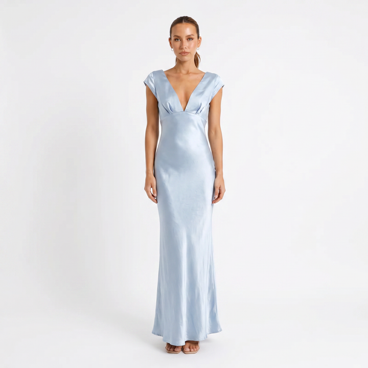 Satin Maxi Dress - Cap Sleeve Deep V Neck Bias Cut