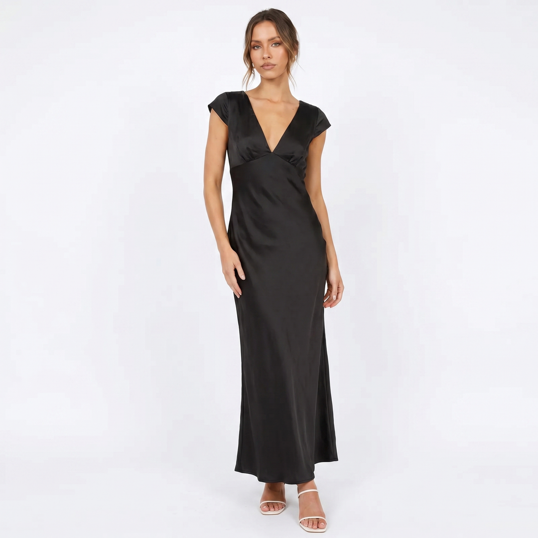 Satin Maxi Dress - Cap Sleeve Deep V Neck Bias Cut
