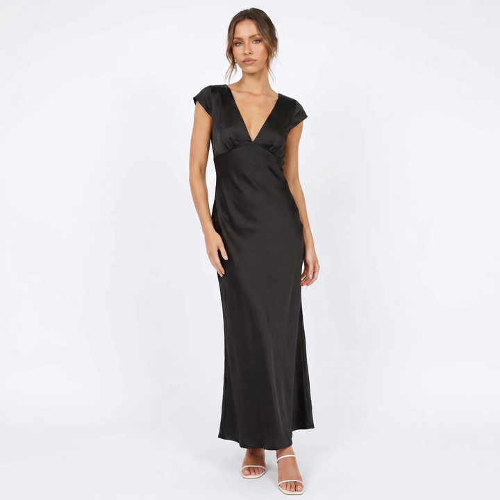 Satin Maxi Dress - Cap Sleeve Deep V Neck Bias Cut