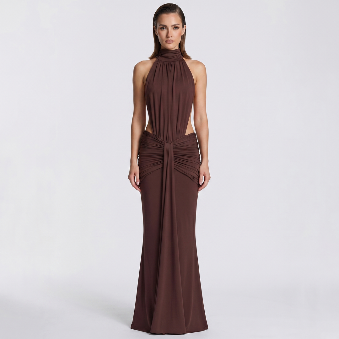 Halter Maxi Dress - Ruched Mock Neck Cut Out