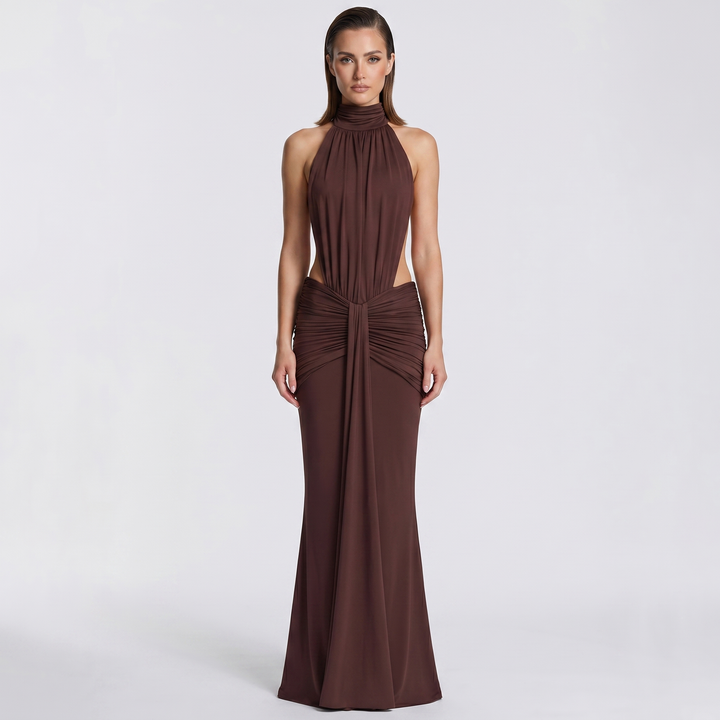 Halter Maxi Dress - Ruched Mock Neck Cut Out