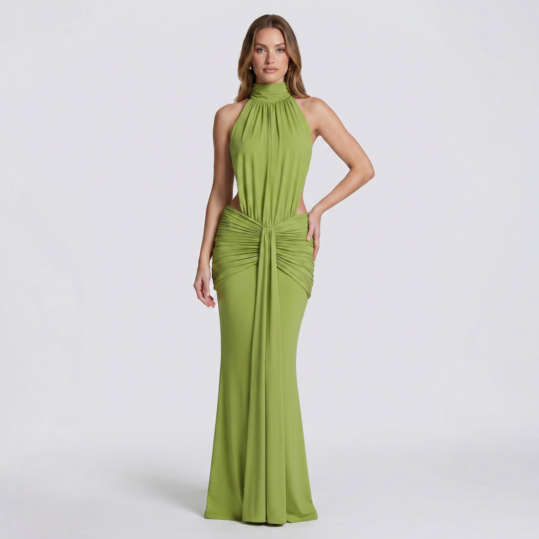 Halter Maxi Dress - Ruched Mock Neck Cut Out