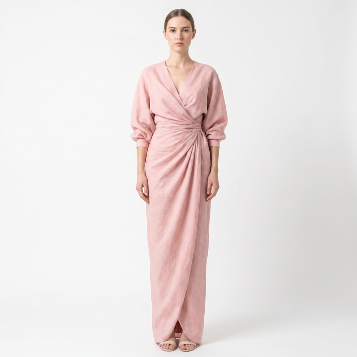 Linen Maxi Dress - Long Sleeve Wrap V Neck Draped