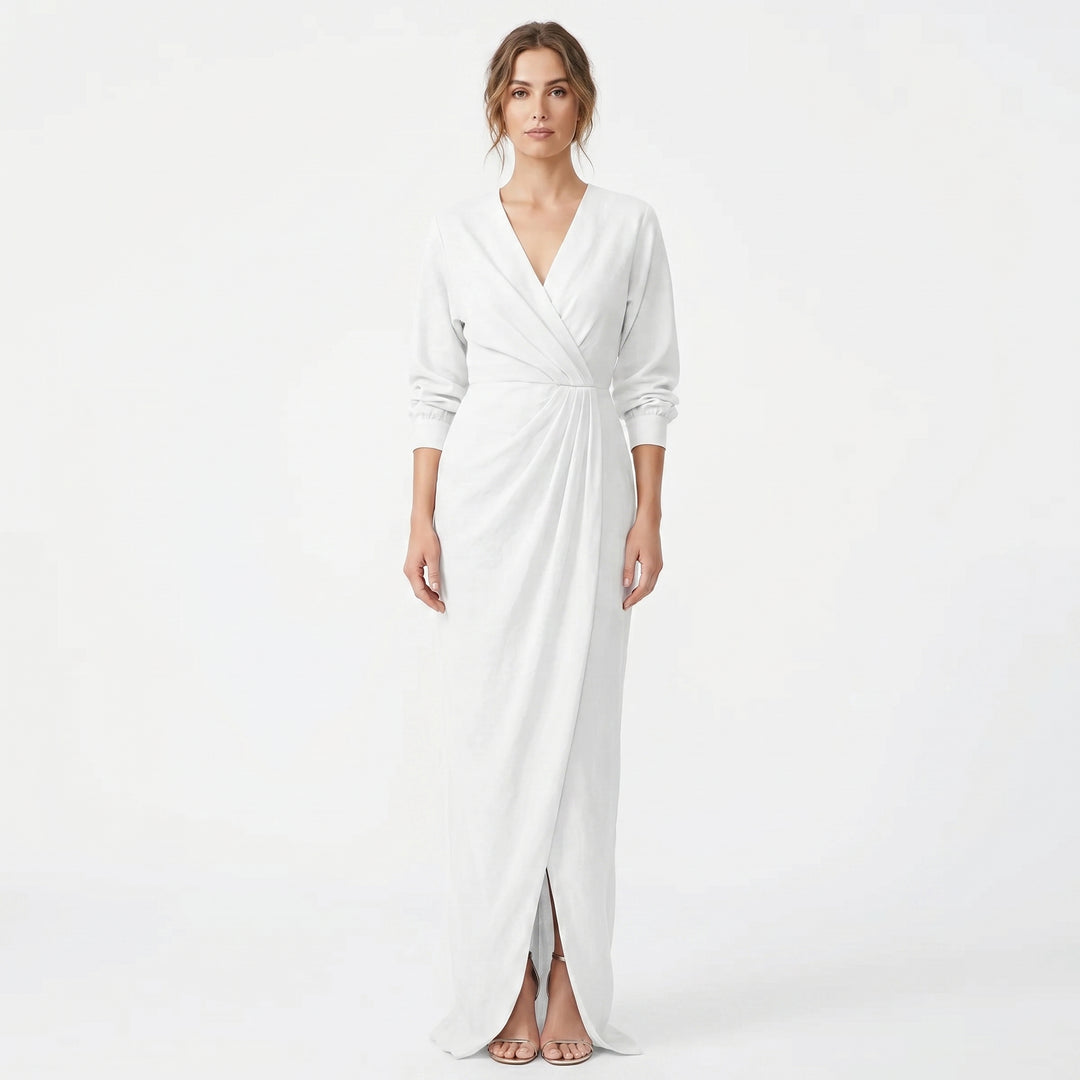 Linen Maxi Dress - Long Sleeve Wrap V Neck Draped