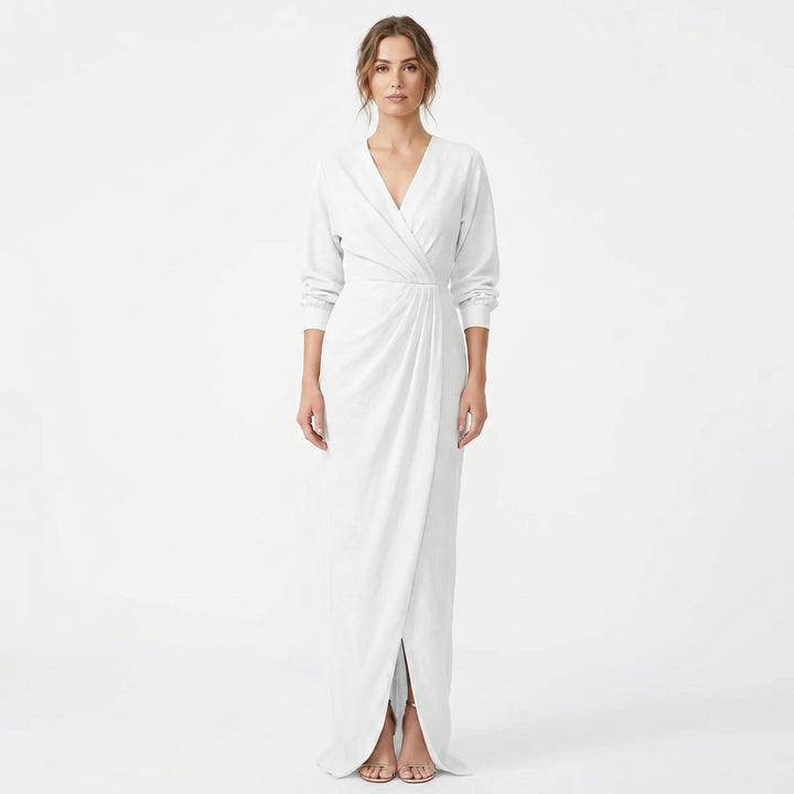 Linen Maxi Dress - Long Sleeve Wrap V Neck Draped