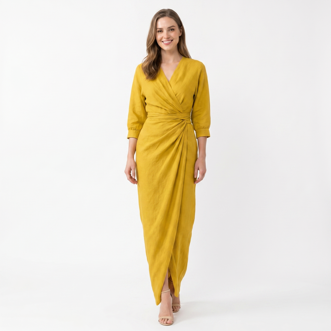 Linen Maxi Dress - Long Sleeve Wrap V Neck Draped