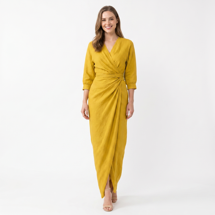 Linen Maxi Dress - Long Sleeve Wrap V Neck Draped