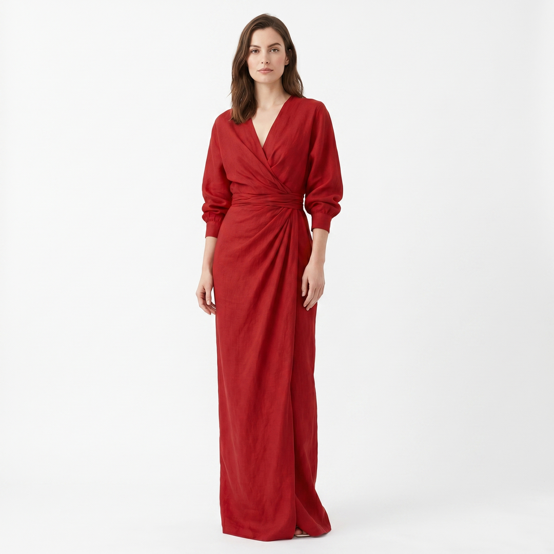 Linen Maxi Dress - Long Sleeve Wrap V Neck Draped