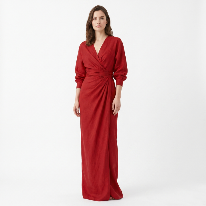 Linen Maxi Dress - Long Sleeve Wrap V Neck Draped