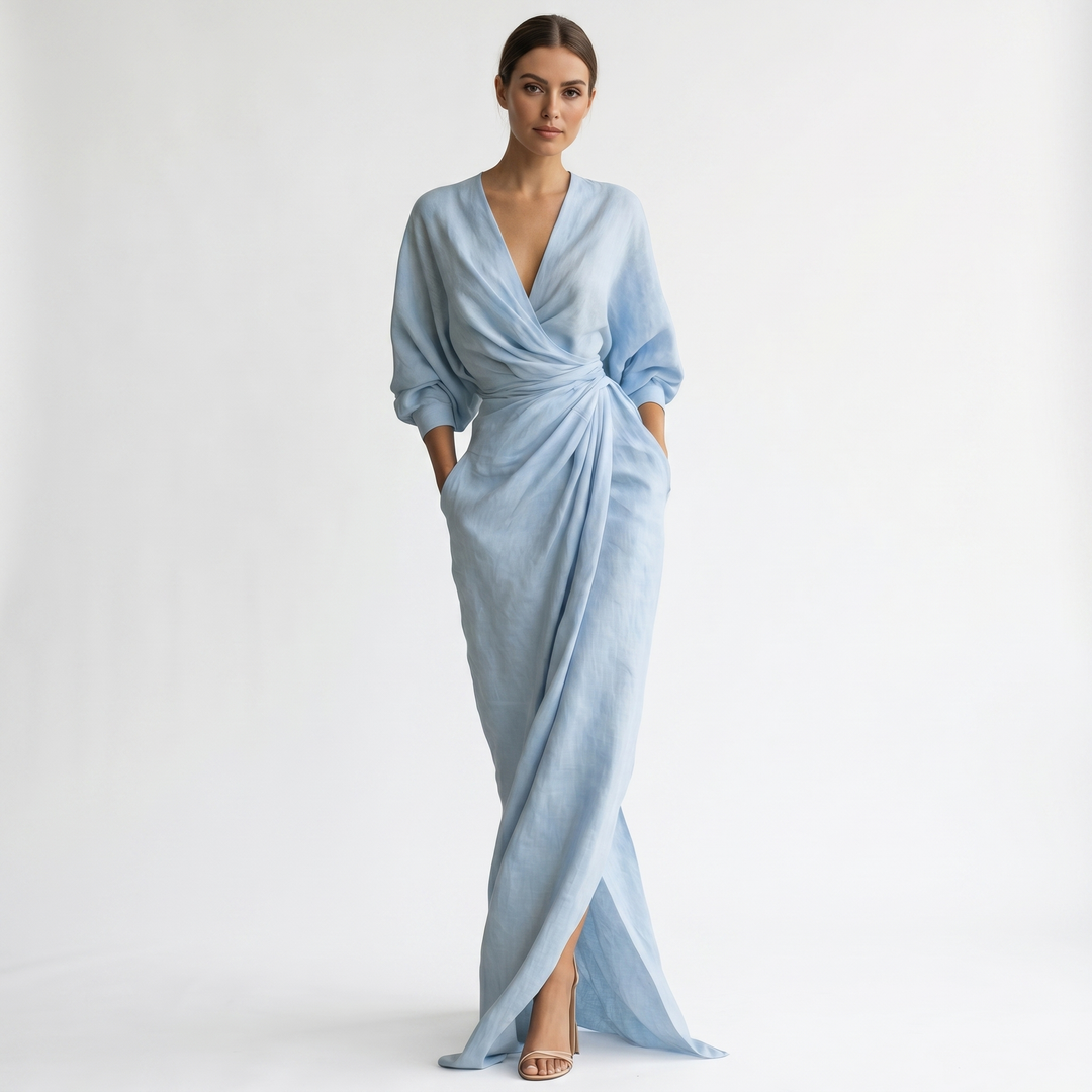 Linen Maxi Dress - Long Sleeve Wrap V Neck Draped