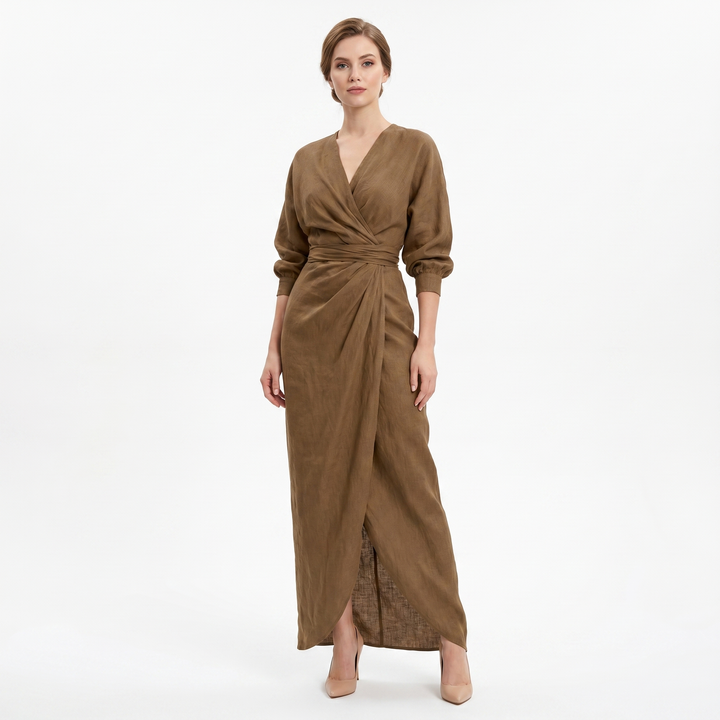Linen Maxi Dress - Long Sleeve Wrap V Neck Draped
