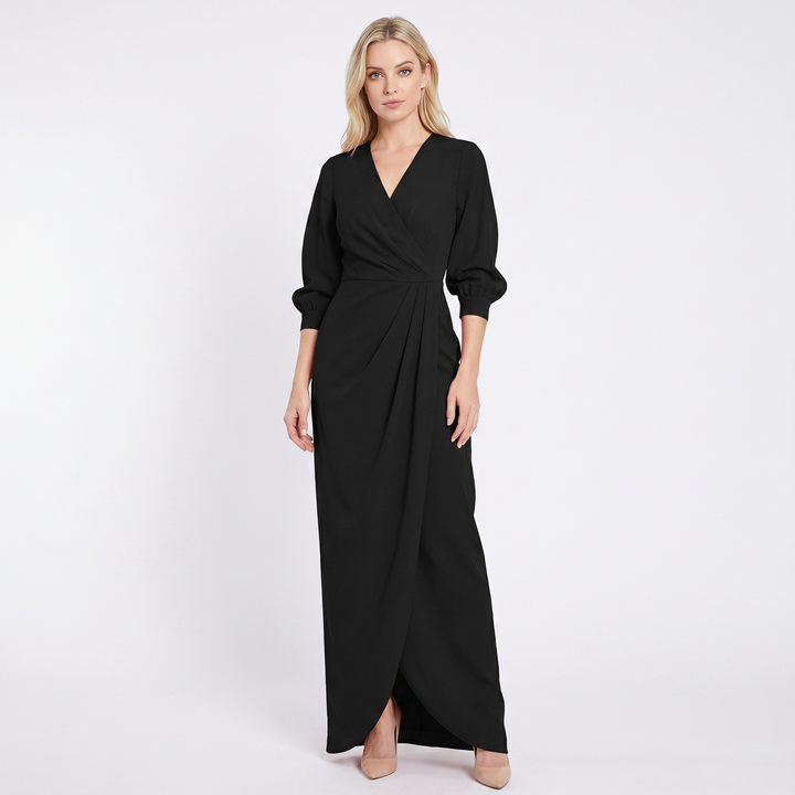 Linen Maxi Dress - Long Sleeve Wrap V Neck Draped