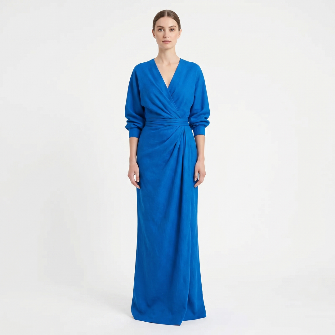 Linen Maxi Dress - Long Sleeve Wrap V Neck Draped