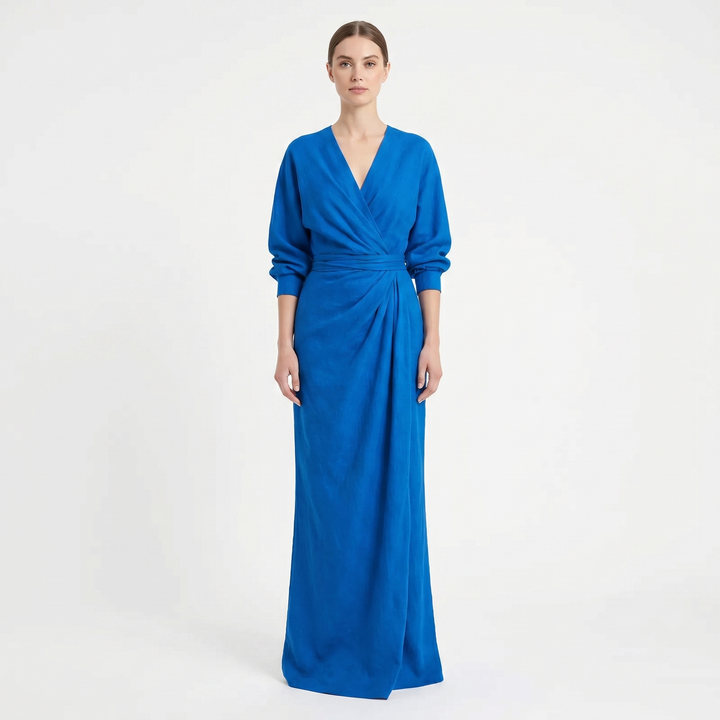 Linen Maxi Dress - Long Sleeve Wrap V Neck Draped