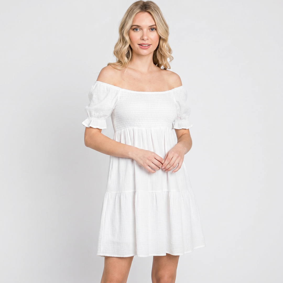 Smocked Mini Dress - Off Shoulder Puff Sleeve Tiered