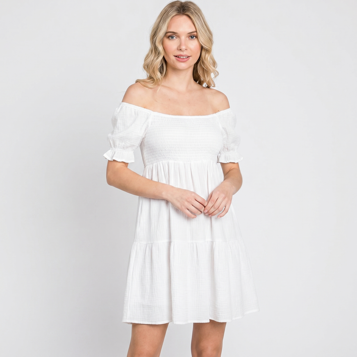 Smocked Mini Dress - Off Shoulder Puff Sleeve Tiered