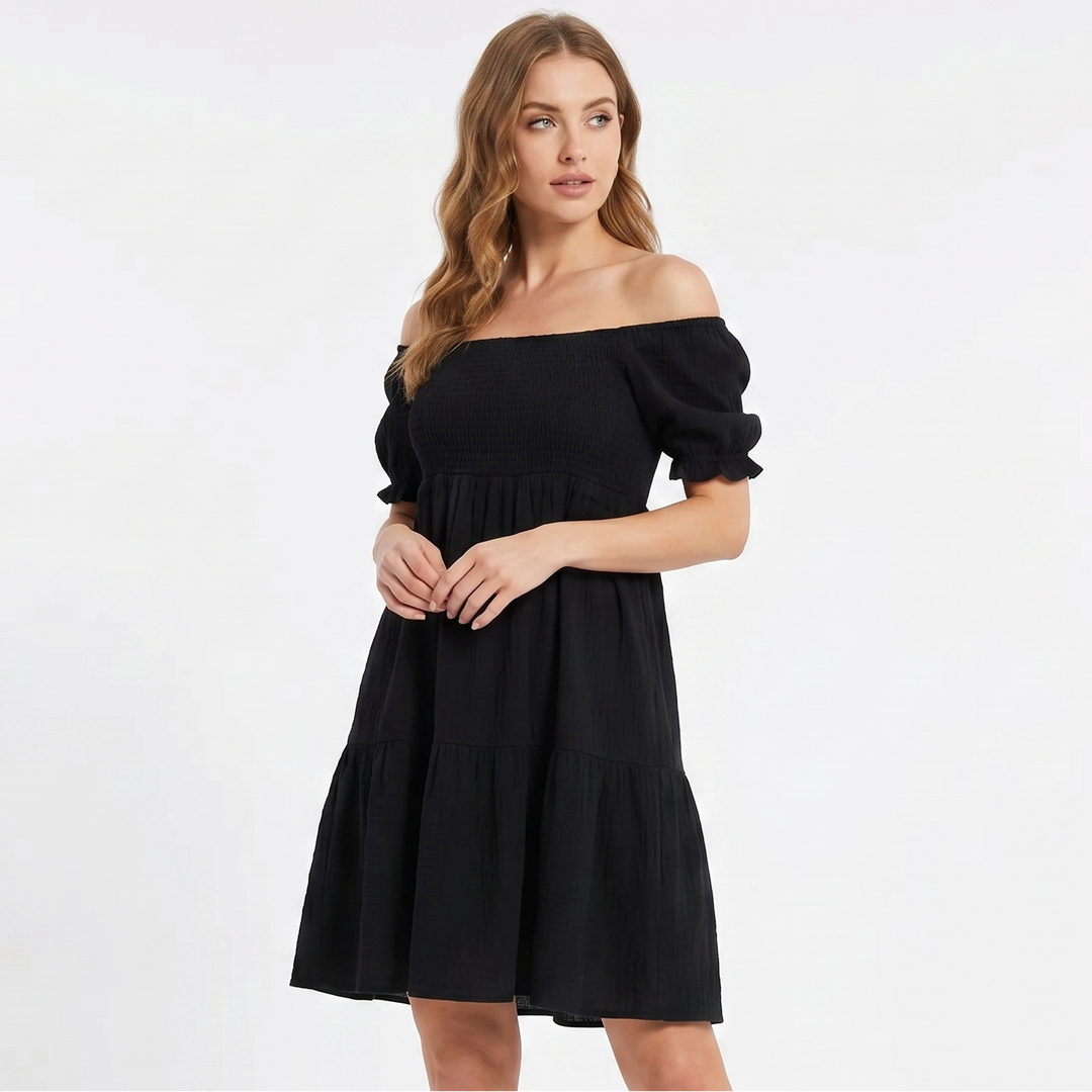 Smocked Mini Dress - Off Shoulder Puff Sleeve Tiered