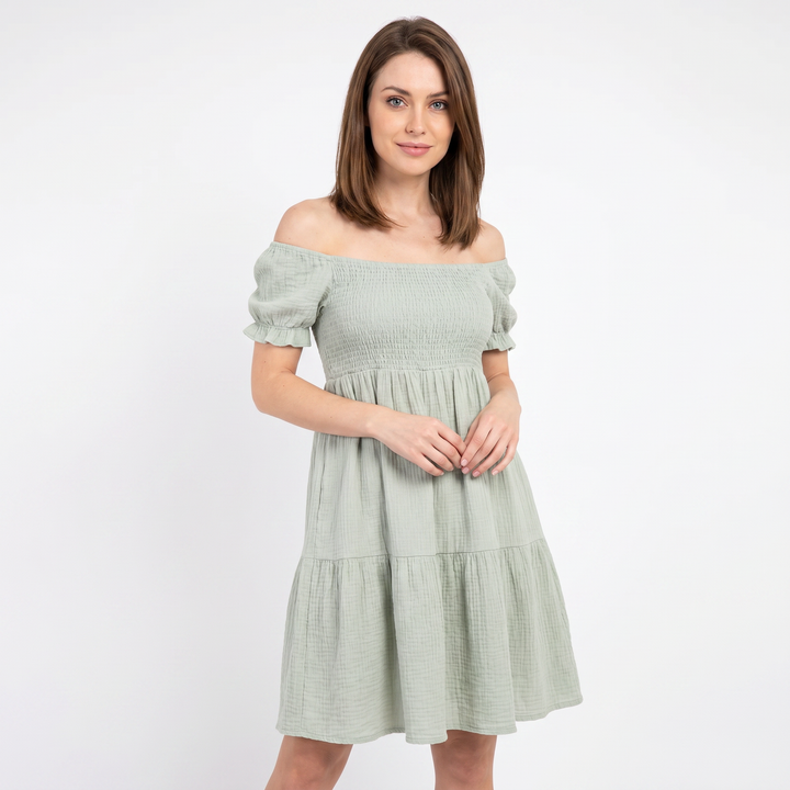 Smocked Mini Dress - Off Shoulder Puff Sleeve Tiered
