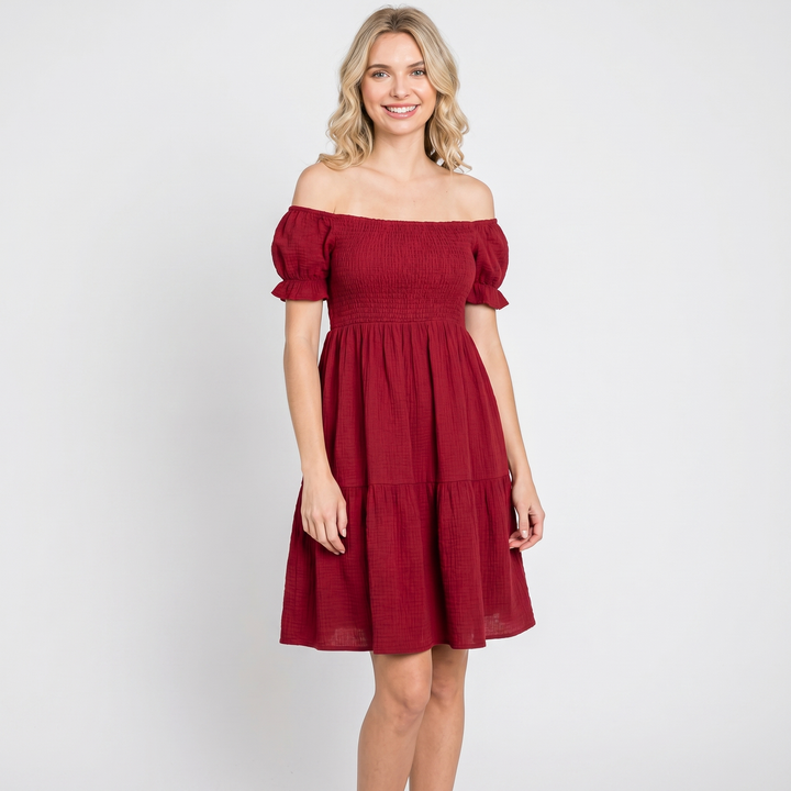 Smocked Mini Dress - Off Shoulder Puff Sleeve Tiered