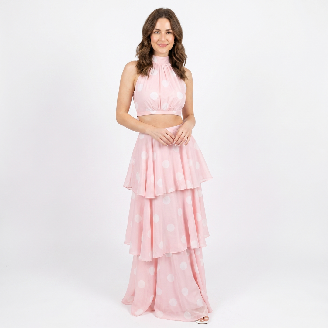 Matching Set Women - Halter Crop Top Tiered Maxi Skirt