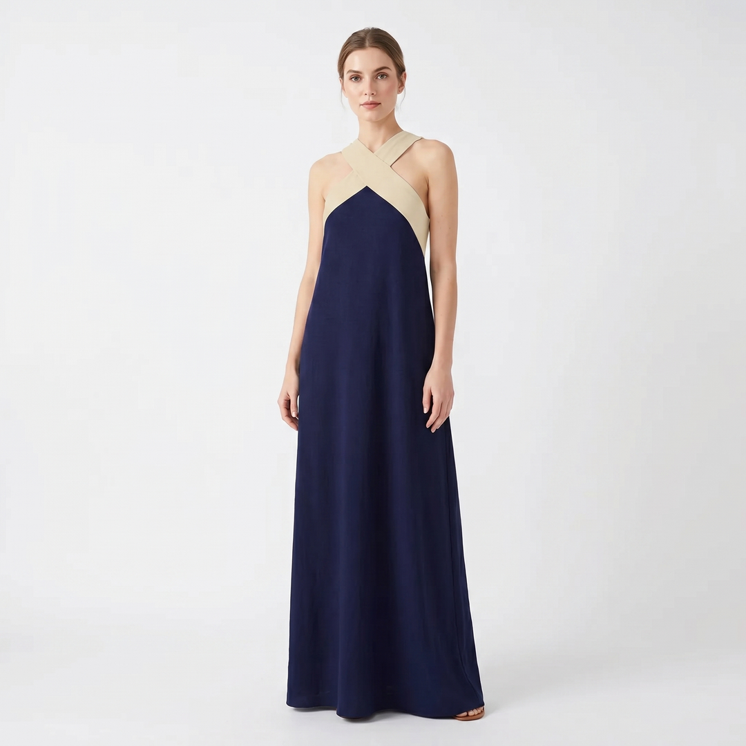 Sleeveless Maxi Dress - Crossover Halter Color Block
