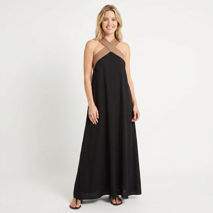 Sleeveless Maxi Dress - Crossover Halter Color Block