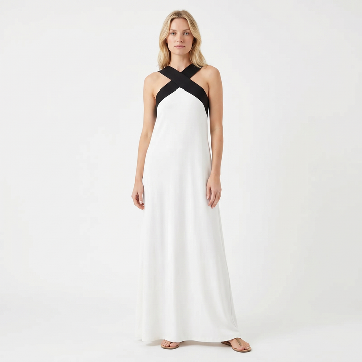 Sleeveless Maxi Dress - Crossover Halter Color Block