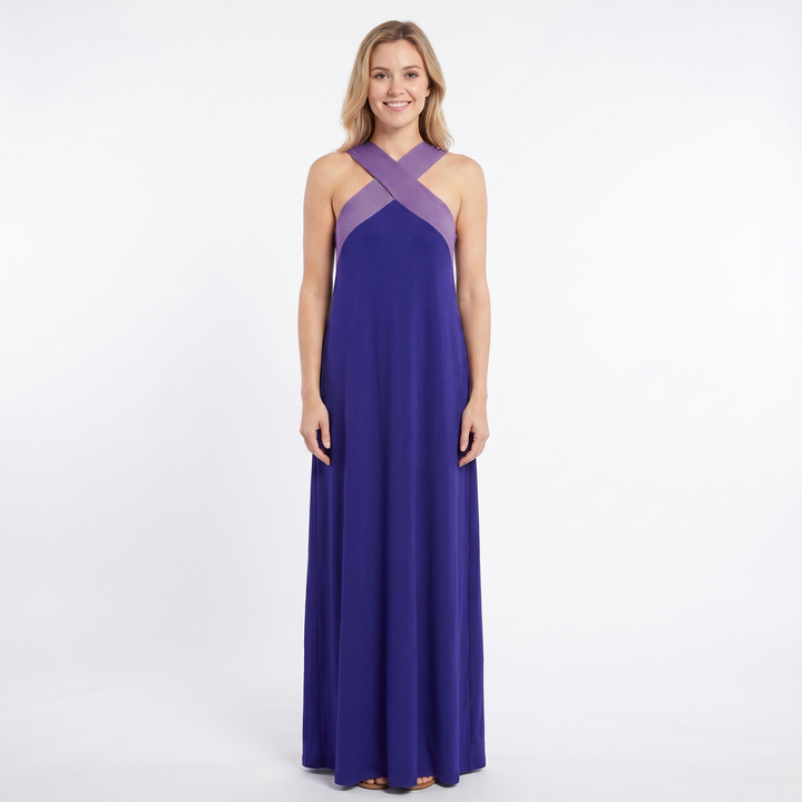 Sleeveless Maxi Dress - Crossover Halter Color Block