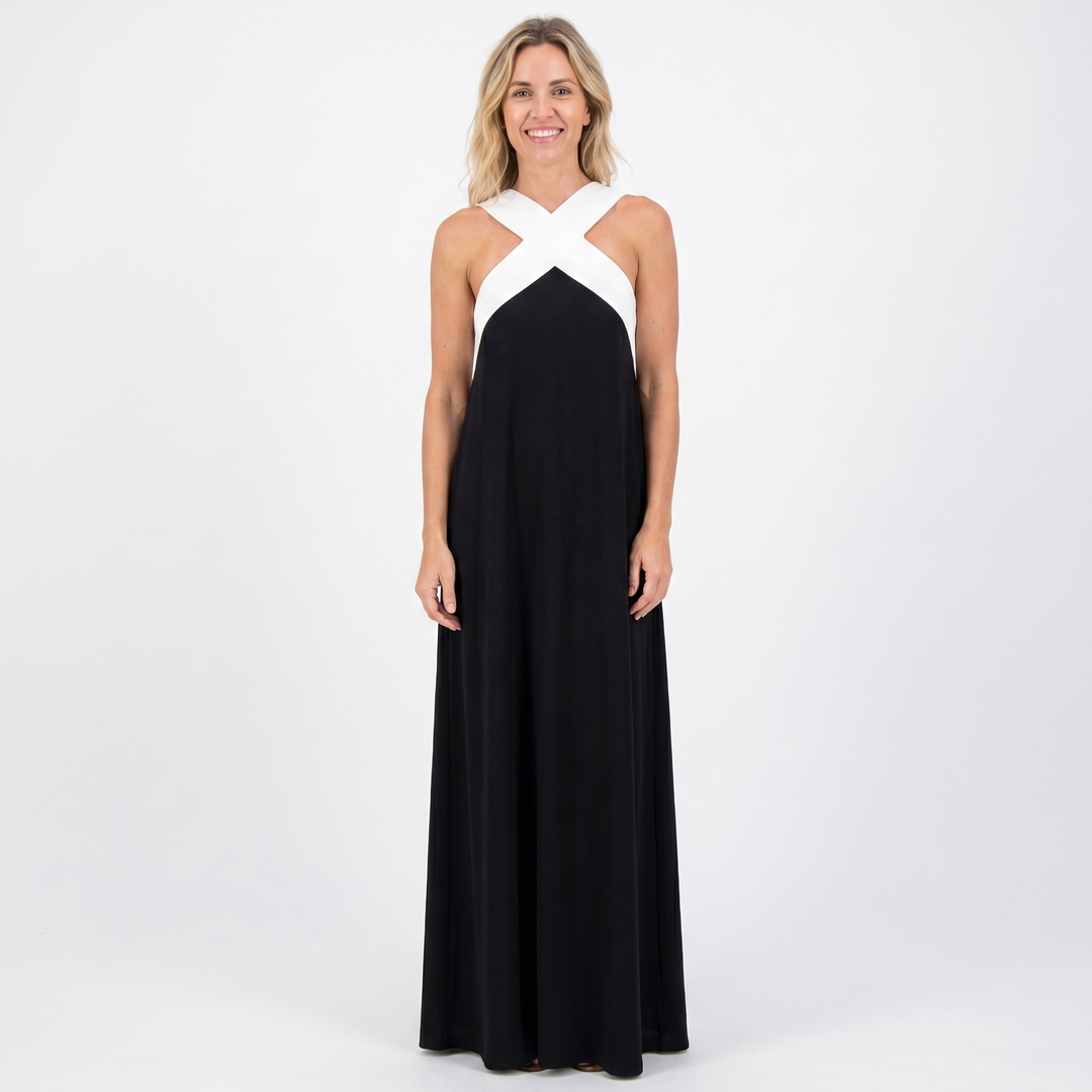 Sleeveless Maxi Dress - Crossover Halter Color Block