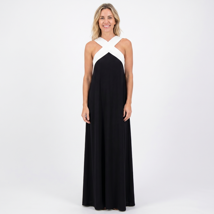 Sleeveless Maxi Dress - Crossover Halter Color Block