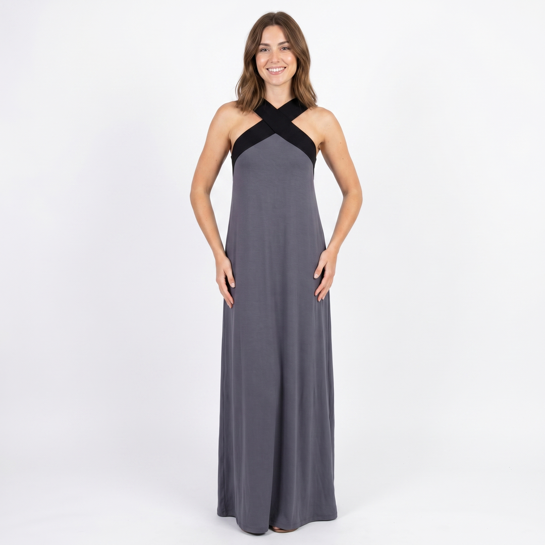Sleeveless Maxi Dress - Crossover Halter Color Block