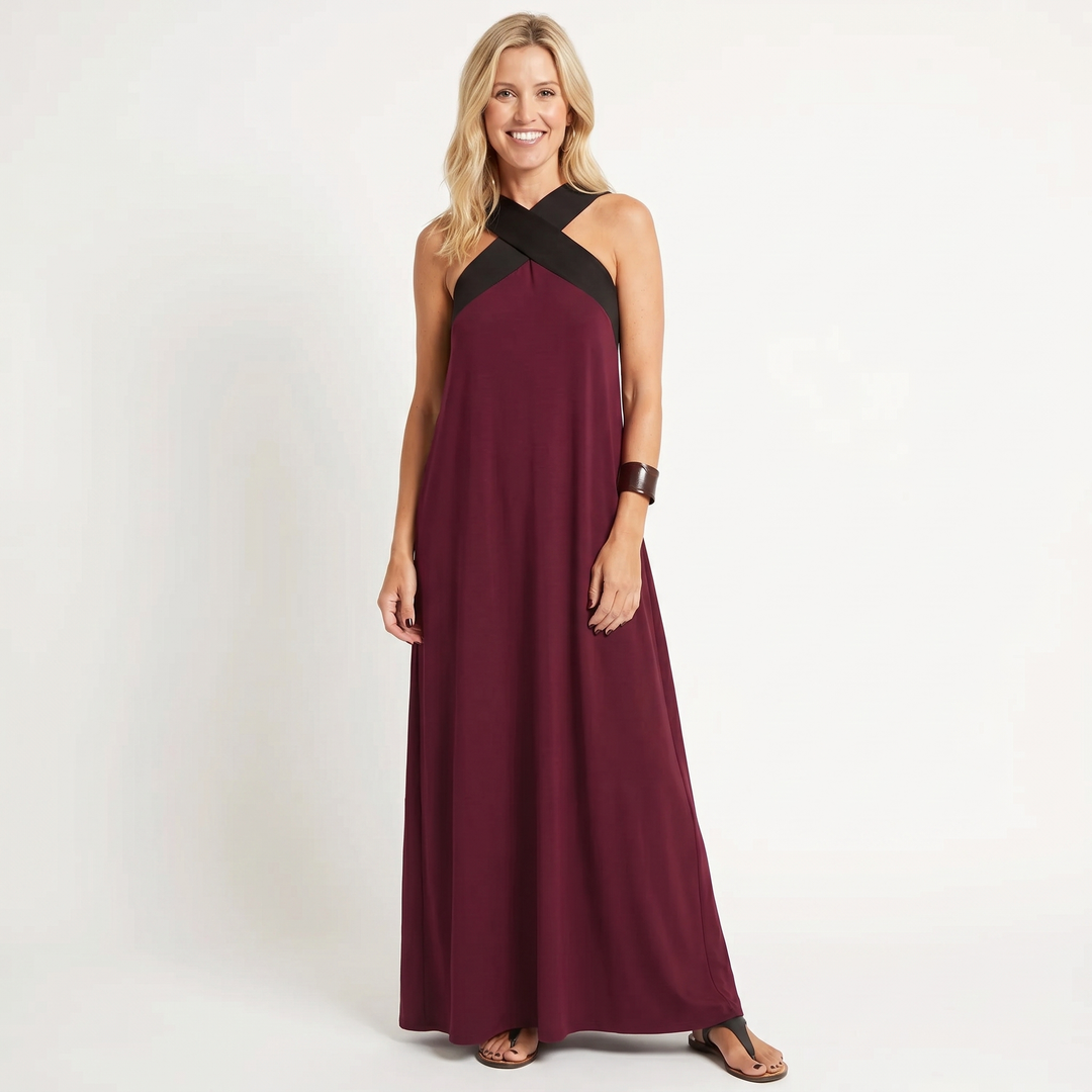 Sleeveless Maxi Dress - Crossover Halter Color Block