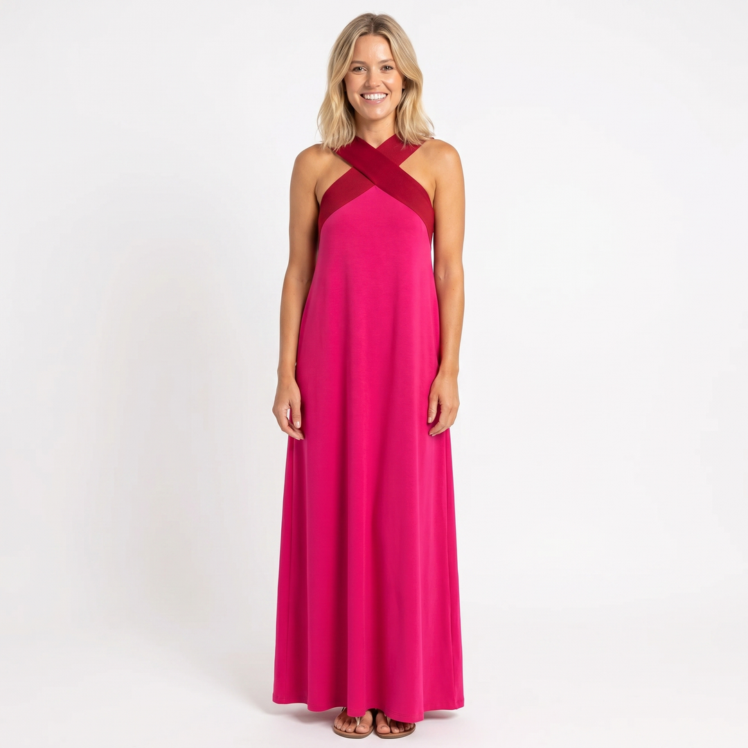 Sleeveless Maxi Dress - Crossover Halter Color Block