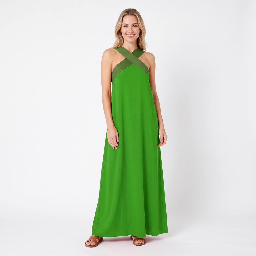 Sleeveless Maxi Dress - Crossover Halter Color Block