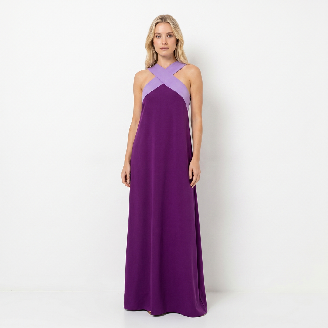 Sleeveless Maxi Dress - Crossover Halter Color Block
