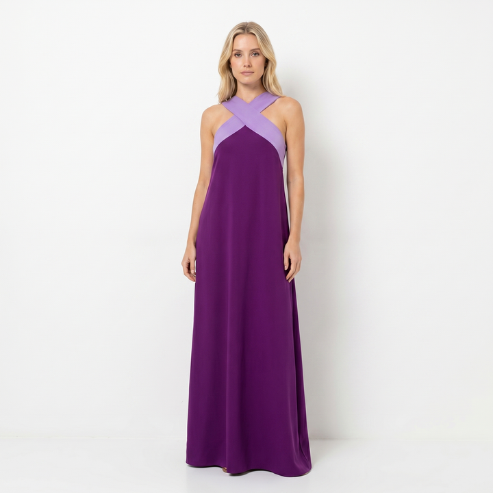 Sleeveless Maxi Dress - Crossover Halter Color Block