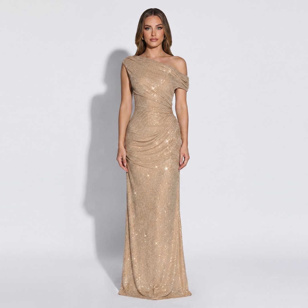 Sequin Maxi Dress - One Shoulder Ruched Bodycon