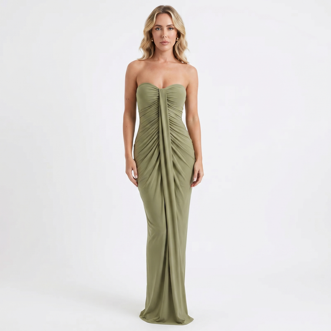 Strapless Maxi Dress - Ruched Bodycon Draped