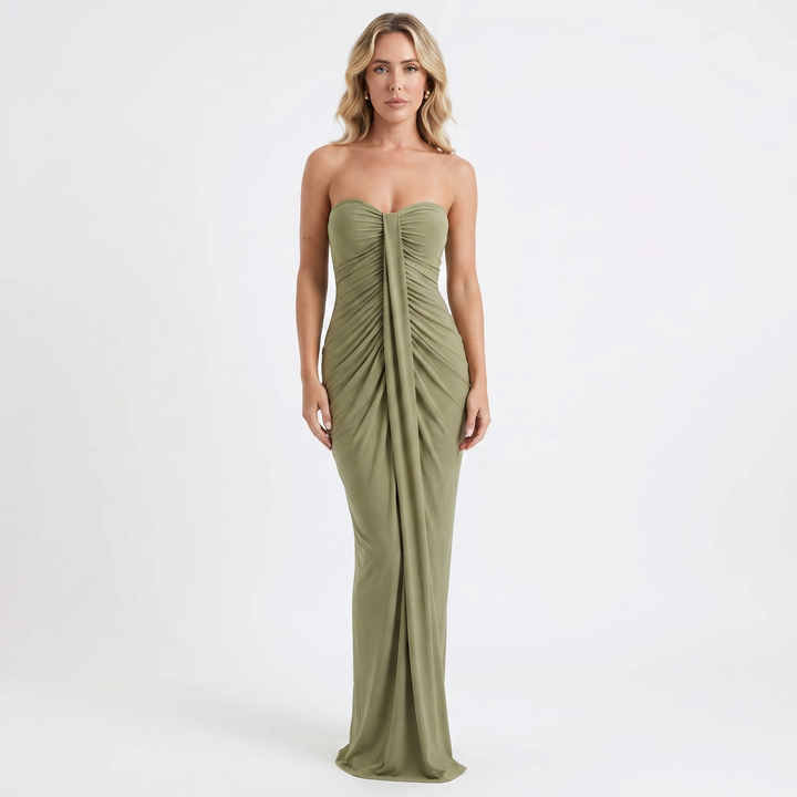 Strapless Maxi Dress - Ruched Bodycon Draped