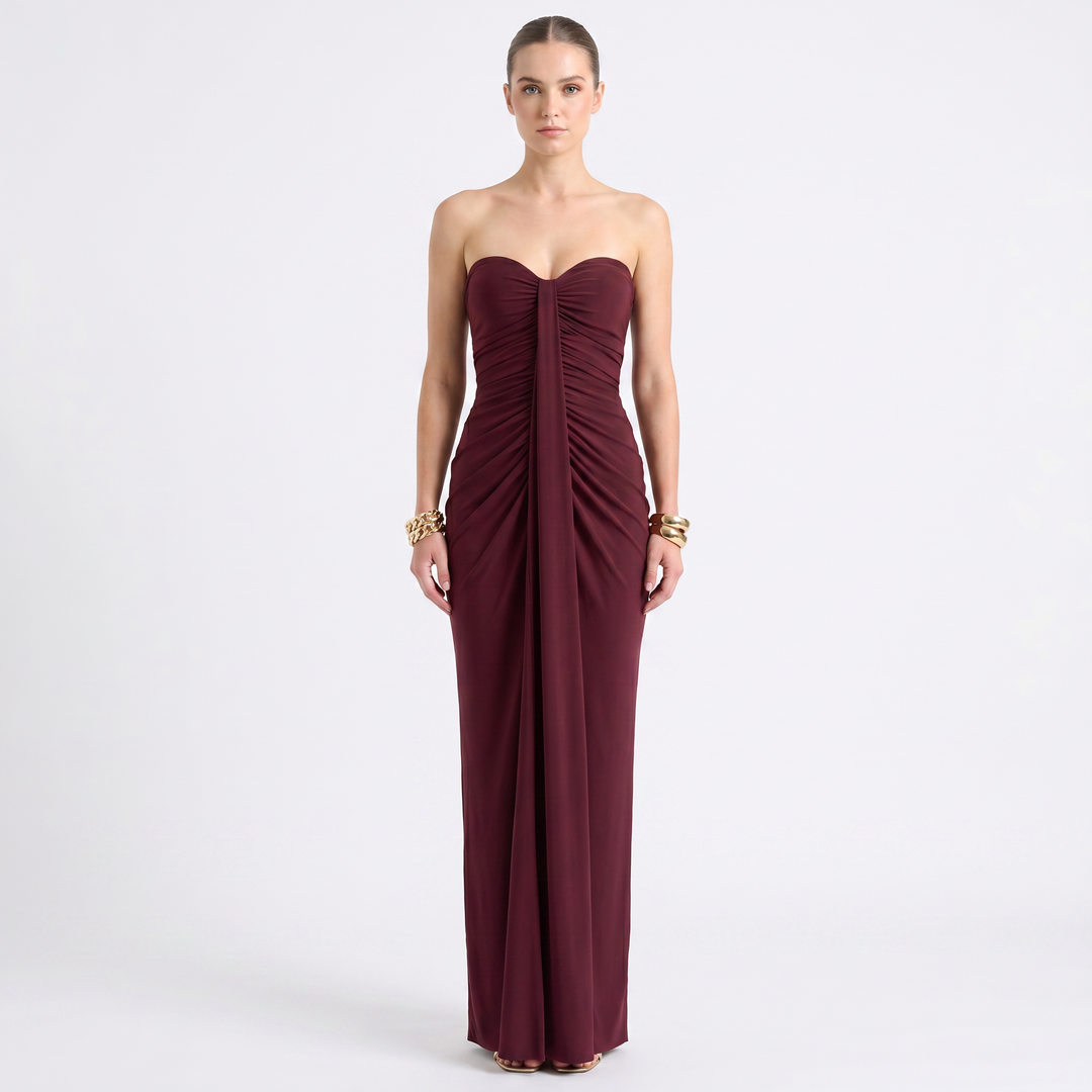 Strapless Maxi Dress - Ruched Bodycon Draped