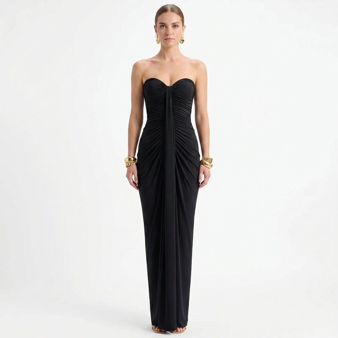 Strapless Maxi Dress - Ruched Bodycon Draped
