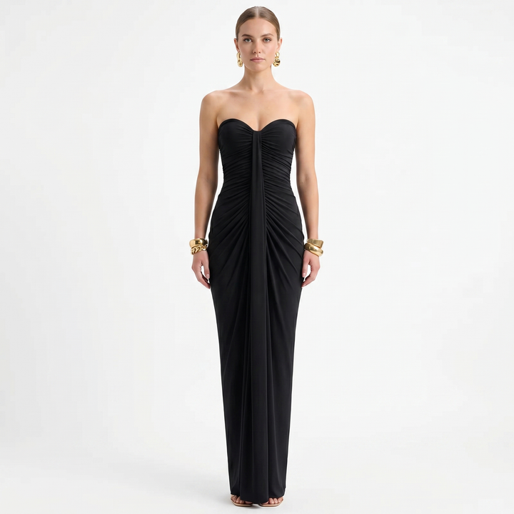 Strapless Maxi Dress - Ruched Bodycon Draped