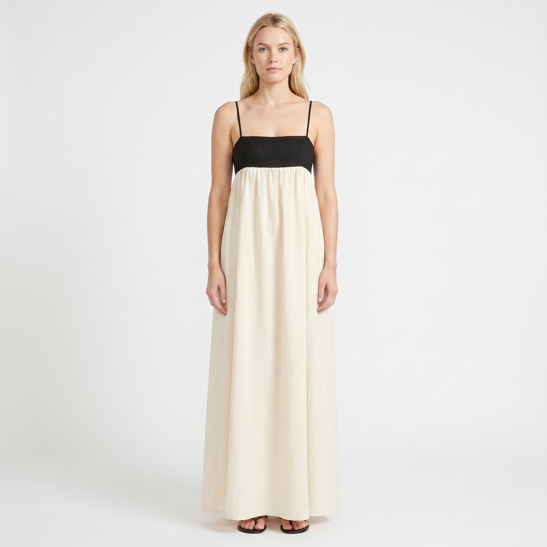 Linen Maxi Dress - Strappy Empire Waist Color Block