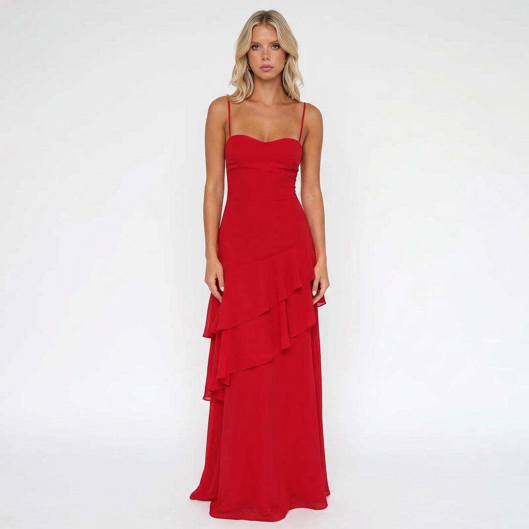 Strappy Maxi Dress - Cowl Neck Tiered Ruffle Hem