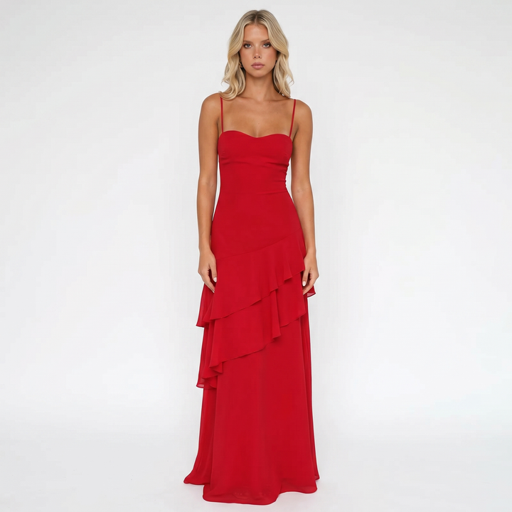 Strappy Maxi Dress - Cowl Neck Tiered Ruffle Hem