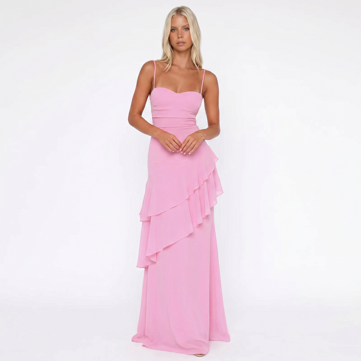 Strappy Maxi Dress - Cowl Neck Tiered Ruffle Hem