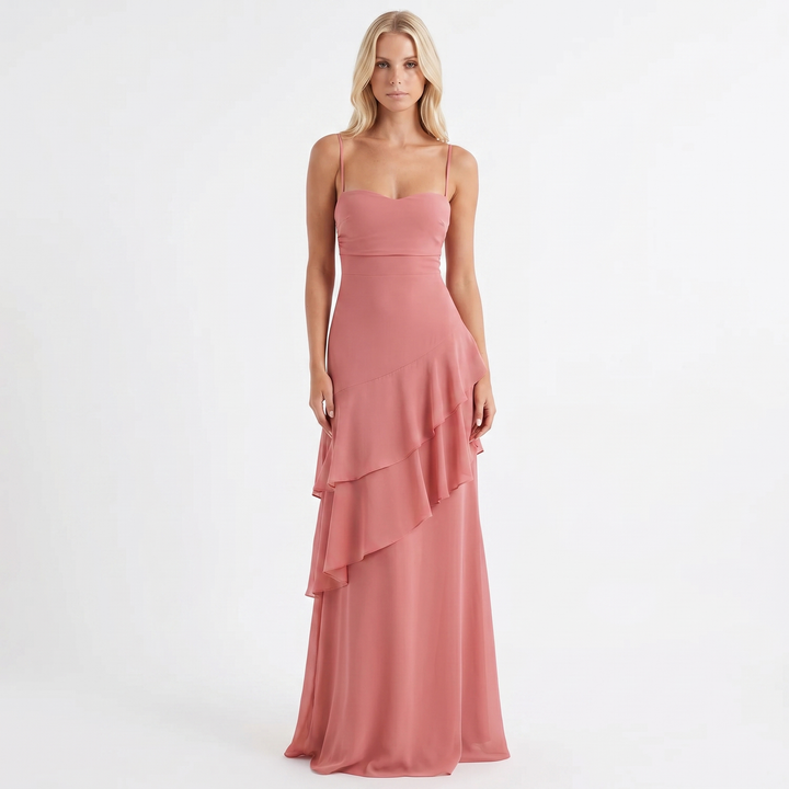 Strappy Maxi Dress - Cowl Neck Tiered Ruffle Hem